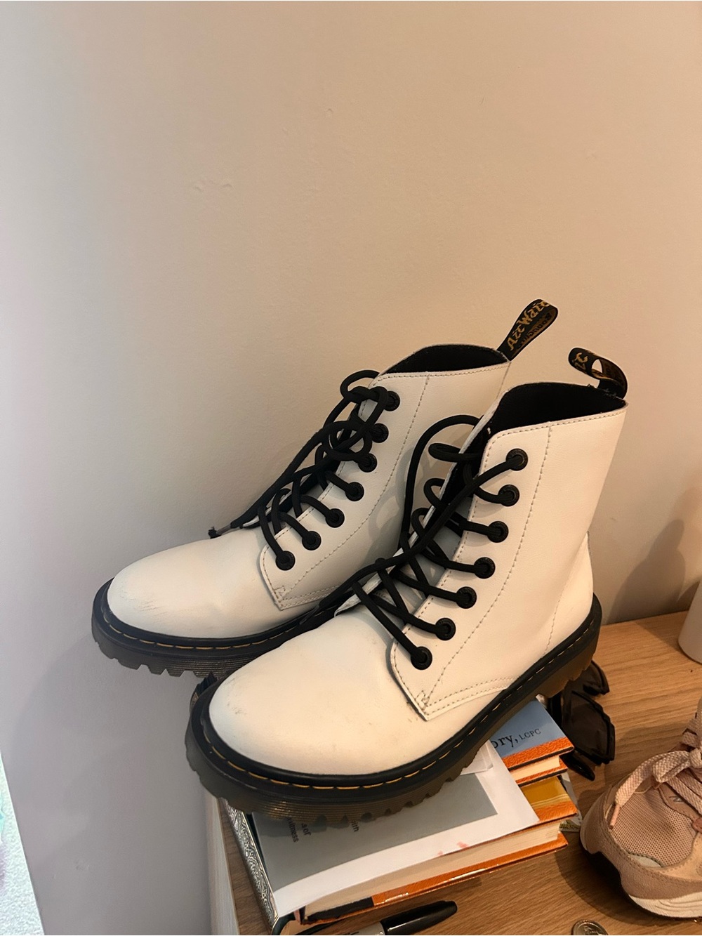 Dr martens White Lace-Up Combat Boots with Black Accents